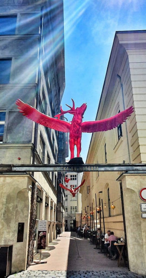 The Red Stag logo of Cerveny Jelen - Red Stag restaurant in Prague, Czech Republic.