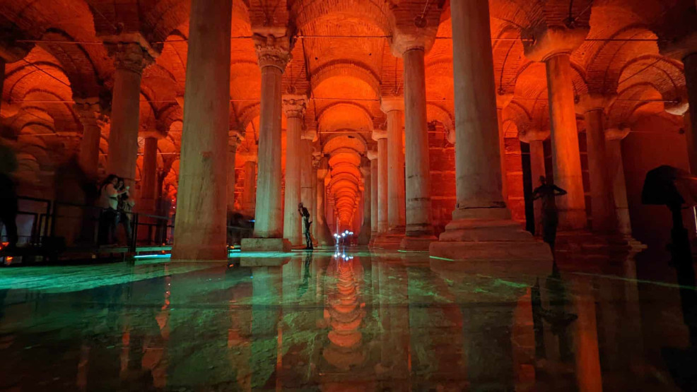 Inside the colorful Basilica Cistern - The Sunken Palace in Istanbul, Turkey.