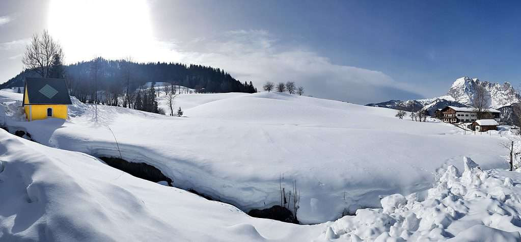 Countryside and the start of the snowshoe hike in St. Johann in Tirol, Austria.