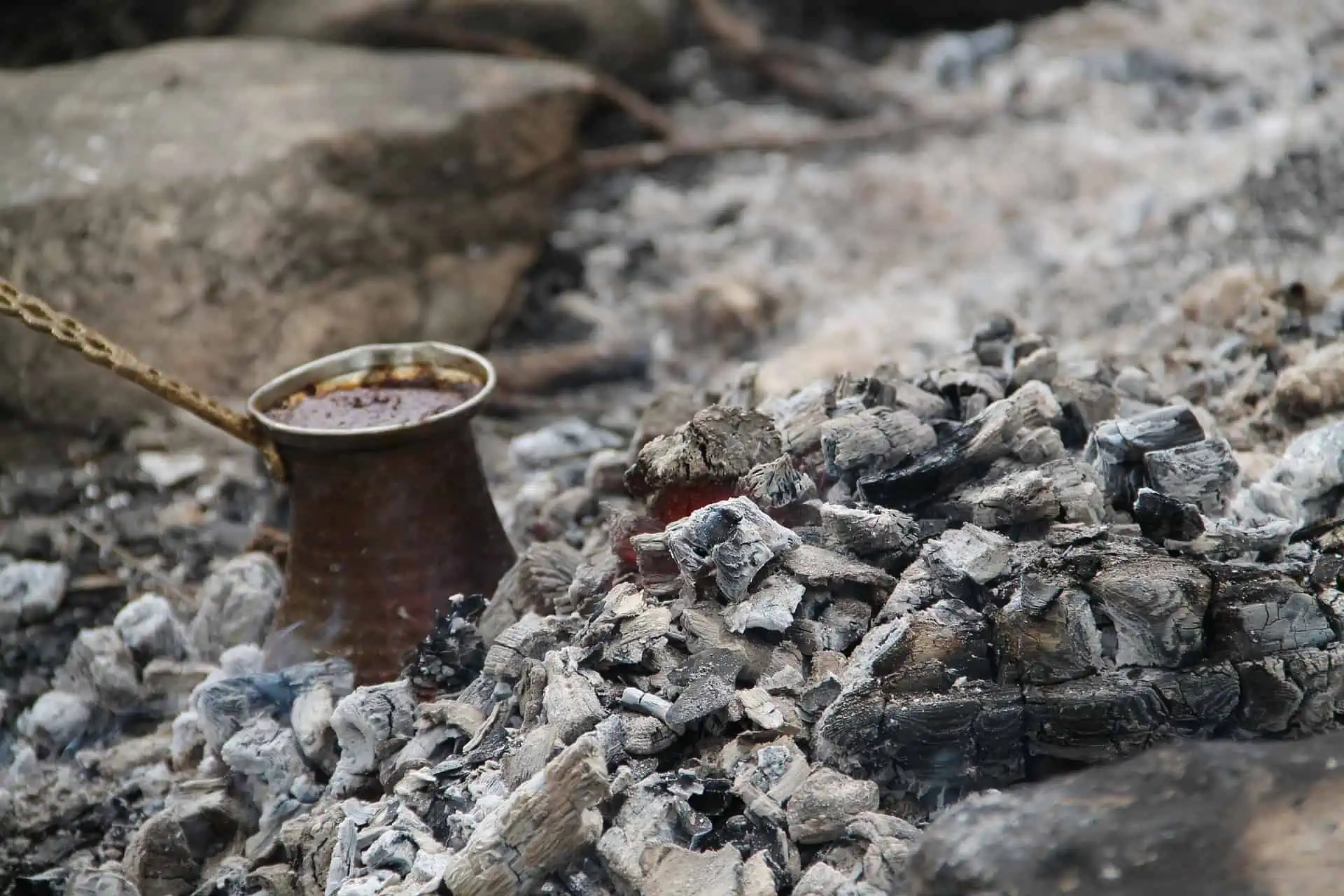 Turkish coffee brewed in the embers